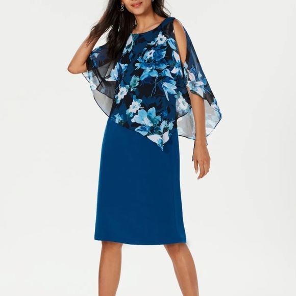 Women’s Formal Dress Size 8 P CONNECTED APPAREL Cape Teal Floral Evening Shift - Picture 4 of 7